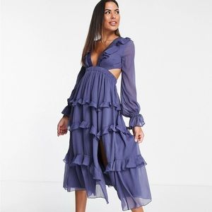 ASOS DESIGN tiered ruffle midi dress with elastic waist and lace up back detail